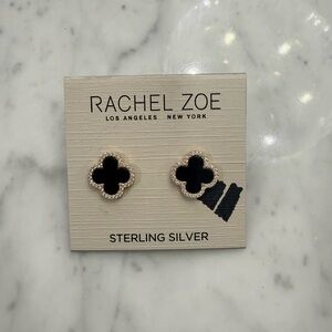 NWT Rachel Zoe Black and Sterling Silver Rhinestone Clover Earrings 925
